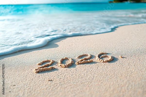 Fototapeta Year 2026 carved in soft beach sand with gentle waves caressing the shore at a tranquil seashore location