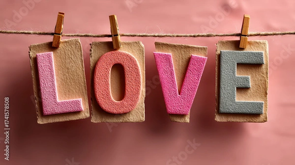 Fototapeta Colorful letters spell love on a twine string against a soft pink backdrop, capturing a warm and cheerful atmosphere
