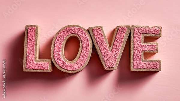 Fototapeta Crafted letters spelling love in soft pink shades on a pastel background celebrating affection and warmth