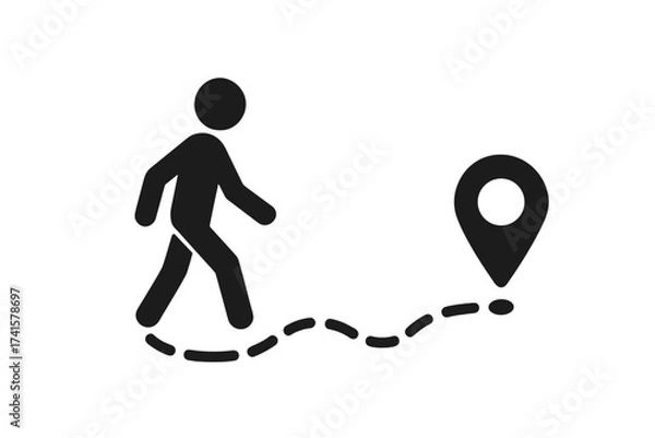 Fototapeta Person walking following path or GPS route icon vector illustration. Vector silhouette of a pedestrian with dotted route trail and location pin. Navigation, travel, GPS, walking route concept.