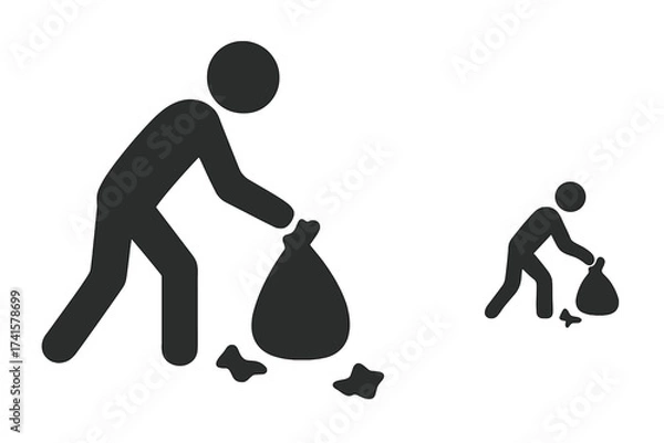Fototapeta Person collecting trash icon. Man picking up garbage litter. Concept of cleaning, volunteering, and environmental care. Waste management and recycling symbol. Vector set.