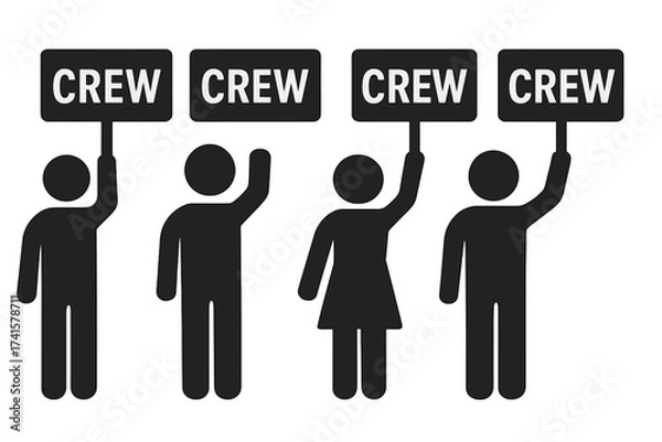 Fototapeta Crew sign icon vector. Staff company employee symbol. Team people holding sign. Group of workers or volunteers. Man and woman pictogram. Backstage personnel or event staff concept.