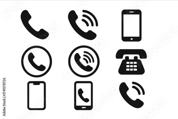 Fototapeta Phone icon vector set with mobile phone, smartphone, classic telephone, calling symbols, communication signs, wireless signal icons, black silhouette collection on transparent background