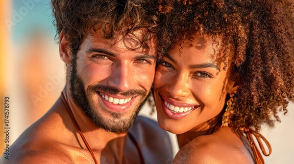 Fototapeta Couple enjoying a joyful moment at the beach during sunset, embracing love and happiness in a vibrant summer atmosphere