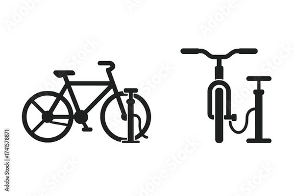 Fototapeta Bicycle tire pumping icon with bike side and front view, air pump symbol, vector illustration with transparent background and simple design for cycling and repair concepts
