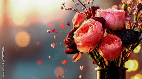 Fototapeta Vibrant bouquet of roses basking in warm light with floating hearts in a dreamy atmosphere