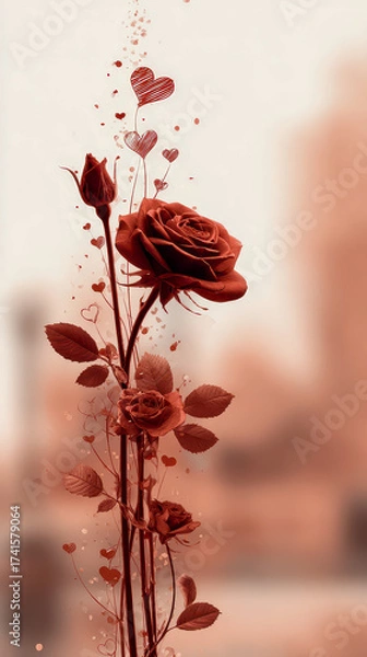Fototapeta Beautiful red roses surrounded by floating hearts create a romantic atmosphere in a soft, dreamy the backdrop