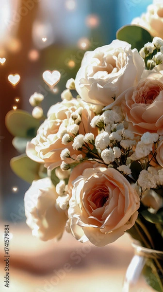 Fototapeta Beautiful bouquet of soft roses and delicate flowers capturing the essence of romance in a sunlit setting
