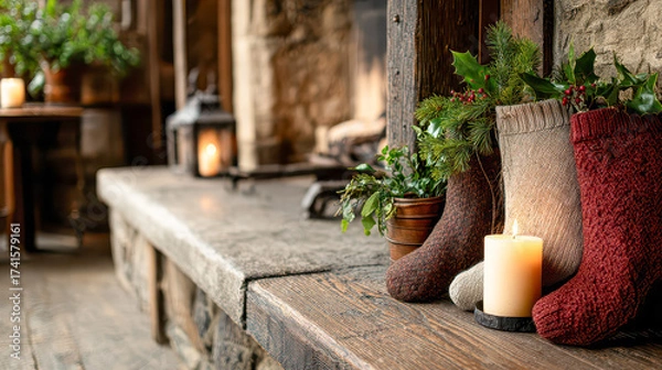 Fototapeta Warm cozy scene featuring festive stockings and candlelight by a rustic fireplace in a charming cabin setting
