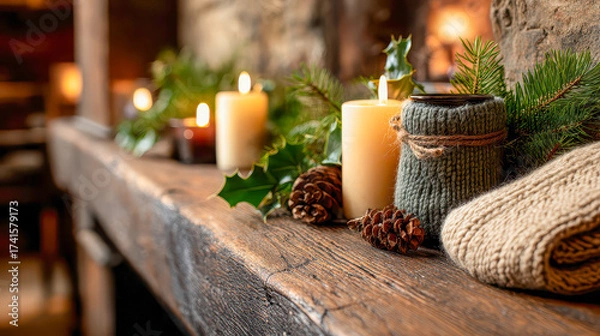 Fototapeta Cozy winter decor featuring warm candles and natural elements in a rustic setting