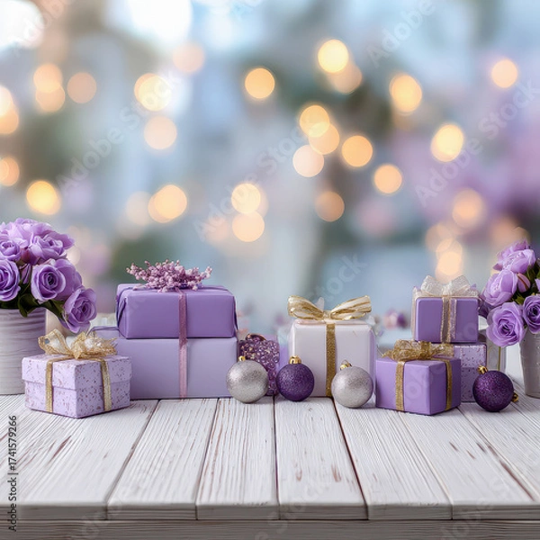 Fototapeta Purple presents and flowers create a lovely celebration scene with warm lights in the background
