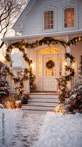 Fototapeta Festive winter scene of a charming house decorated with lights and garlands during a serene snowy evening