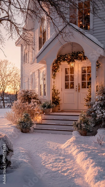 Fototapeta Charming winter evening scene with festive decorations and snow-covered steps leading to a welcoming home