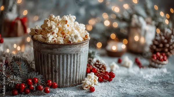 Fototapeta Festive popcorn served in a rustic bucket, creating a cozy atmosphere for holiday gatherings with twinkling lights
