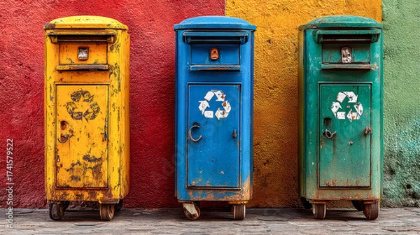 Fototapeta Colorful recycling bins lined up against a vibrant wall in a lively urban setting, showcasing environmental efforts