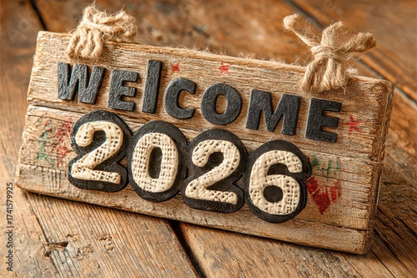 Fototapeta Celebrating the arrival of 2026 with a rustic welcome sign on a wooden surface