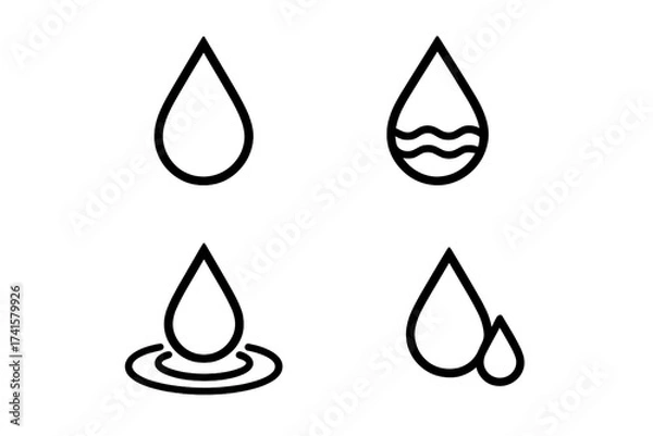 Fototapeta Water-based product icon vector set with liquid drop symbols, minimalistic design, vector illustration, transparent background, ordered drop shapes, clean water symbols, liquid concept