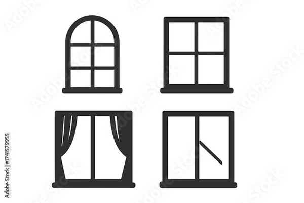 Fototapeta Window icon set for interior design. Vector illustration of four window styles including arched frame, classic pane, curtain window, and sliding window. Transparent background, ordered set.