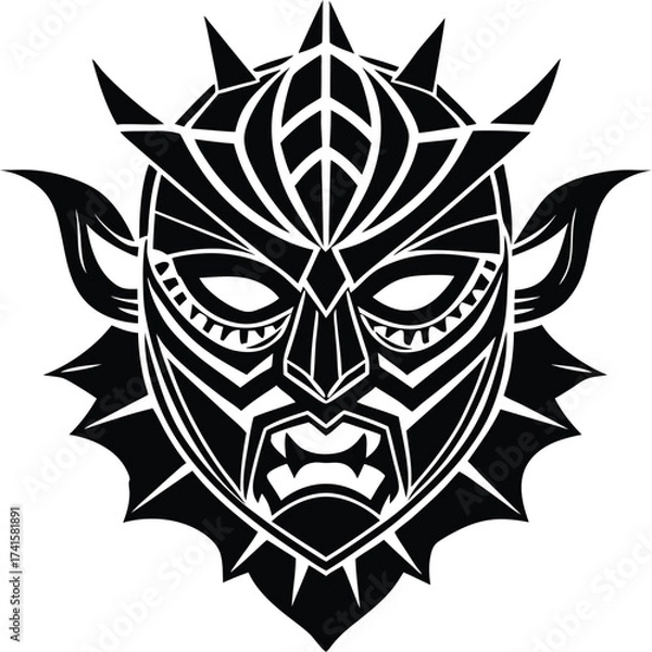 Obraz Mystical Tribal Mask: A captivating monochrome illustration of an intricately designed tribal mask, exuding a sense of mystery and cultural significance.