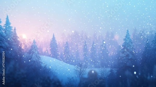 Obraz Snowfall in a Winter Forest at Sunset