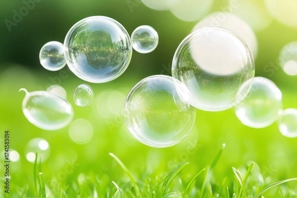 Obraz Soap Bubbles Float Above Lush Green Grass