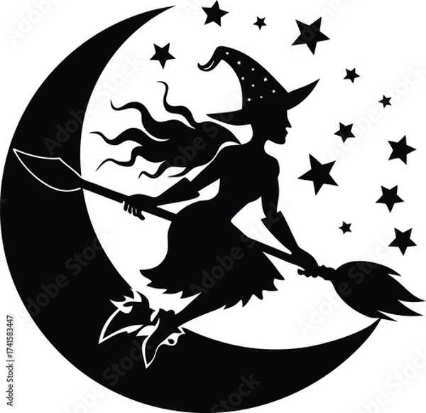 Obraz Enchanting Night Flight: A silhouette of a witch soaring through the night sky on a broom, framed by a crescent moon and twinkling stars. It embodies the magic and mystery of Halloween.