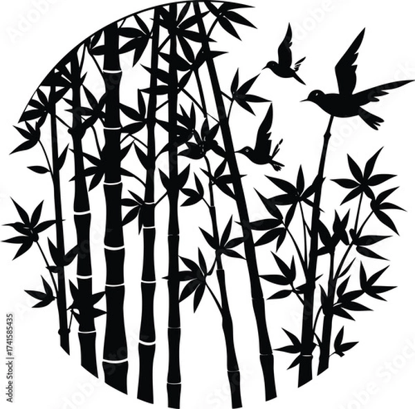 Fototapeta Harmony in Ink: A graceful silhouette of bamboo stalks and soaring birds against a circular backdrop, capturing the essence of tranquility and nature's balance.