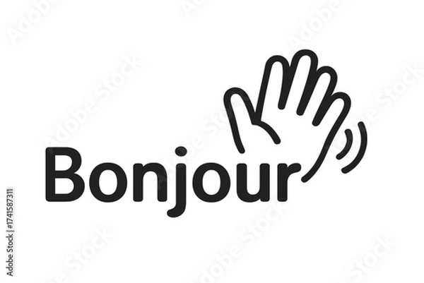 Obraz Bonjour waving hand icon vector. French language greeting symbol. Hello sign with wave gesture. Welcome concept illustration. France communication pictogram for web and print.