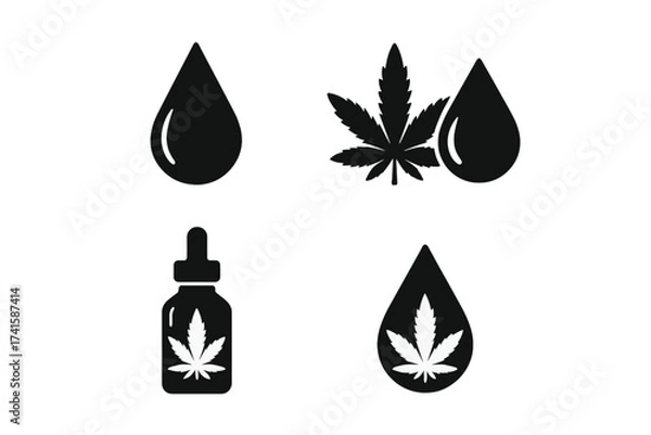 Obraz CBD oil drop vector icon set. Hemp oil with cannabis leaf for medical benefits symbol. Marijuana extract, liquid drop and dropper bottle illustration for healthcare and wellness.