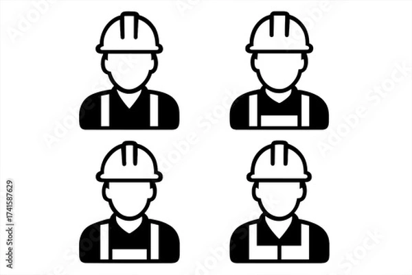 Obraz Construction worker icon set. Vector illustration of man with safety helmet. Industrial builder & engineer symbol. Professional employee avatar. Repairman pictogram collection.