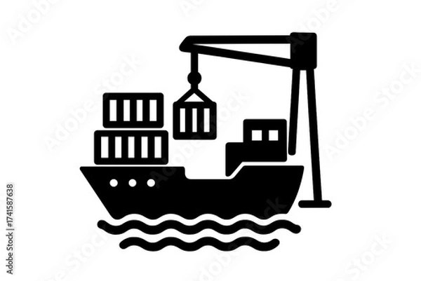 Obraz Container ship at port with crane loading cargo. Vector icon for logistics, freight, shipping. Maritime transport, import, export, supply chain. Global trade business symbol.