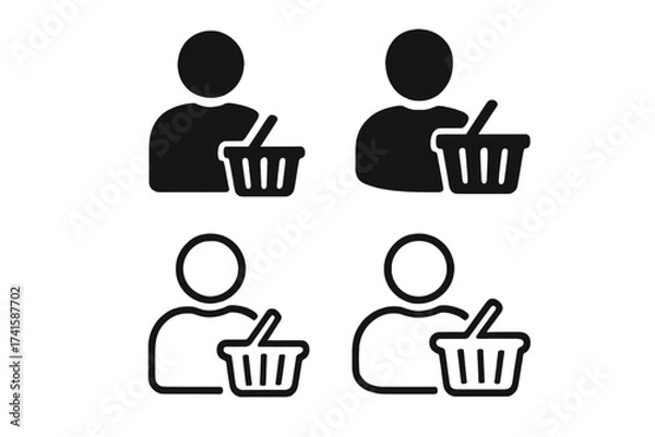 Obraz Customer icon set with shopping basket. Buyer symbol collection. Client and user pictogram for retail and e-commerce. Person silhouette and line art glyph for web and app.