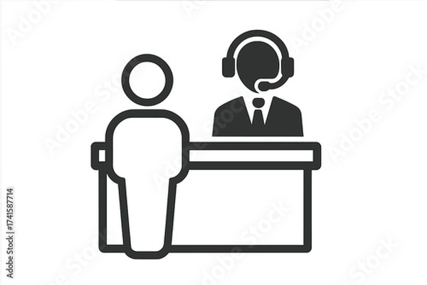 Obraz Customer service desk icon. Help desk, support counter, reception symbol. Vector for business consultation, information point, and client assistance. Agent with headset.