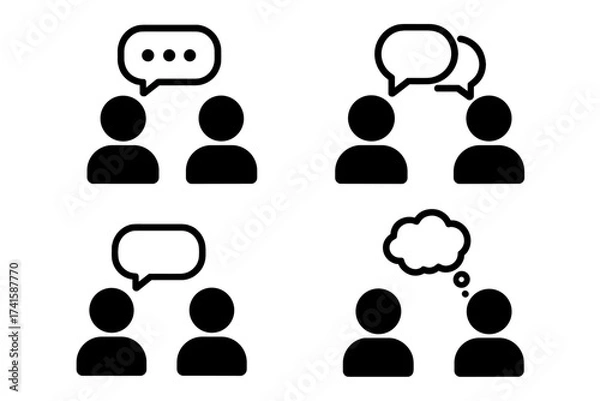 Obraz Communication icon set. People talking, chat, dialogue vector symbols. Discussion, teamwork, meeting concept. Speech and thought bubbles. Feedback and brainstorming illustration.
