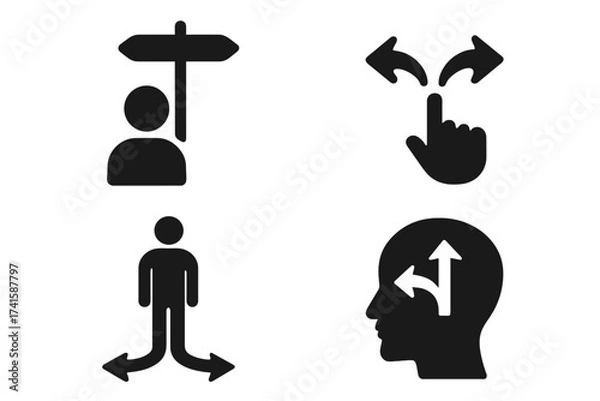 Obraz Decision making icon set. Person at crossroads, choosing a path. Business choice, career opportunity, options concept. Psychology of dilemma, strategy, and finding a solution. Vector.