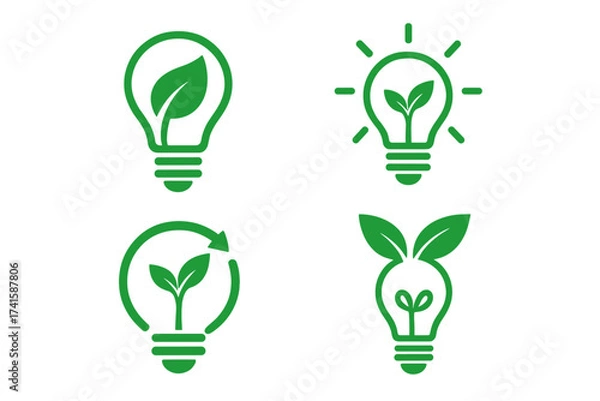 Obraz Eco light bulb icon set. Green energy concept with leaf and plant symbols. Renewable, sustainable power and electricity vector signs. Ecology, environment and nature idea logo.