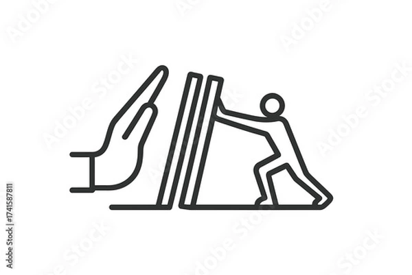Obraz Domino effect line icon. Hand stopping a chain reaction. Metaphor for business crisis management, risk prevention, and support. Problem solving and intervention concept vector.