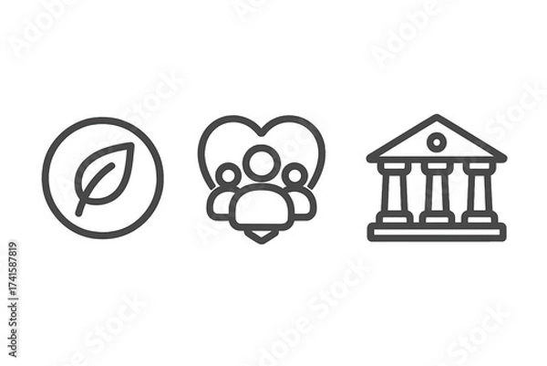 Obraz ESG line icon set for Environmental, Social, and Governance principles. Vector illustration for concepts of sustainable and ethical business, corporate responsibility, and investment.