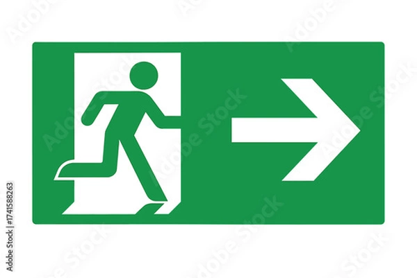 Obraz Emergency exit sign right arrow. Running man icon. Vector illustration for safety, evacuation route. Fire escape symbol. Green warning pictogram. Way out direction guidance.