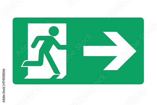 Fototapeta Emergency exit sign with right arrow. Safety evacuation route symbol for public buildings. Green warning icon for fire security and escape. Way out directional pointer vector.