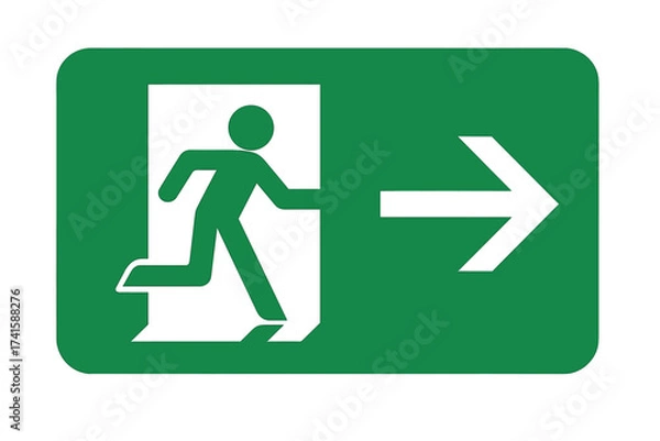 Fototapeta Emergency exit sign right arrow. Green safety guidance symbol with running man icon. Vector pictogram for fire escape and evacuation route. Way out information concept.