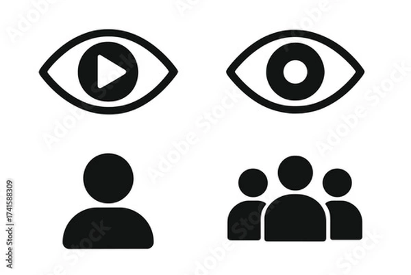 Fototapeta Metaphor for video views, spectator count, and user engagement. Icon set with eye and people symbols for social media analytics and audience metrics. Vector illustration.