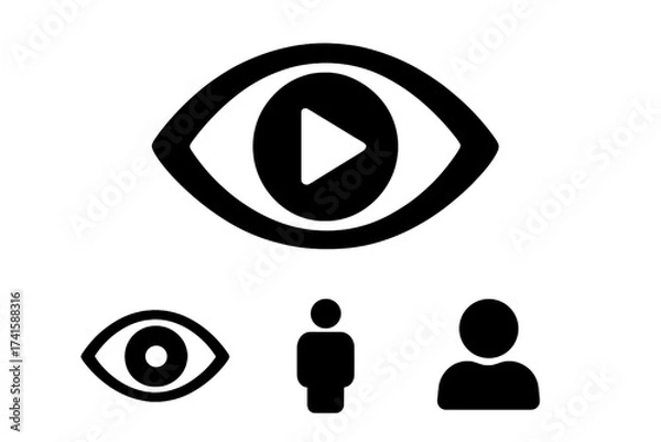 Obraz Views icon with video play button in eye symbol. Viewer, spectator, and user icon set for online content, streaming media metric, and audience engagement. Vector illustration.