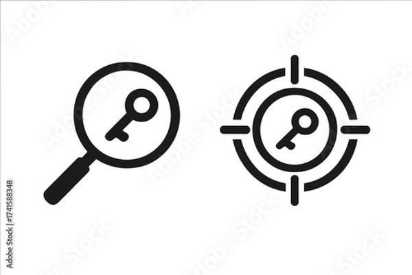 Obraz Keyword research icon set. Finding key with magnifying glass. Targeting keyword concept. SEO marketing symbol. Solution, success, and goal vector illustration collection.