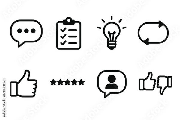 Obraz Customer review and feedback line icon set. Vector icons for survey, rating, opinion, comment, idea, and user experience. Business service quality and satisfaction symbols.