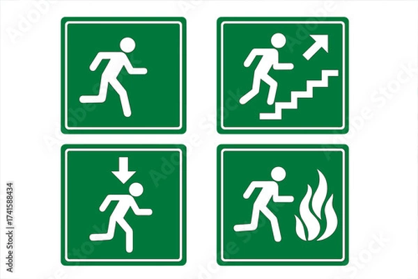 Obraz Emergency exit sign set. Fire escape route symbols. Green running man icon collection for safety and evacuation. Danger warning signage for buildings. Vector way out pictogram.