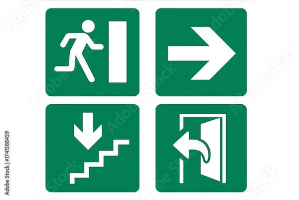 Obraz Set of green emergency exit signs. Evacuation route pictograms. Safety and fire escape icons. Vector illustration with running man, arrow, stairs and open door symbols.