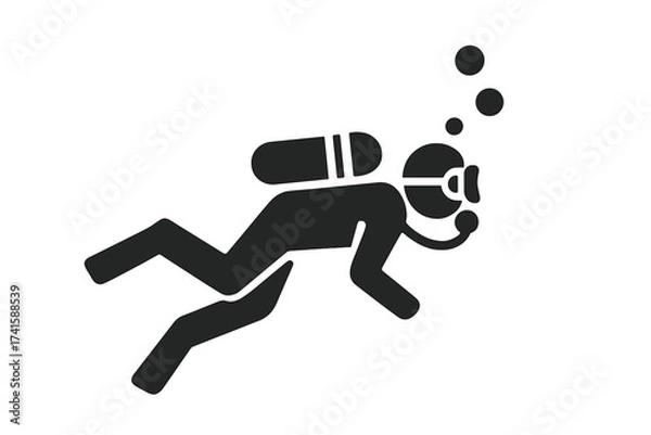 Obraz Scuba diver icon swimming underwater. Water sport and recreation concept. Man with mask and oxygen tank exploring the ocean. Vector silhouette illustration for diving school.