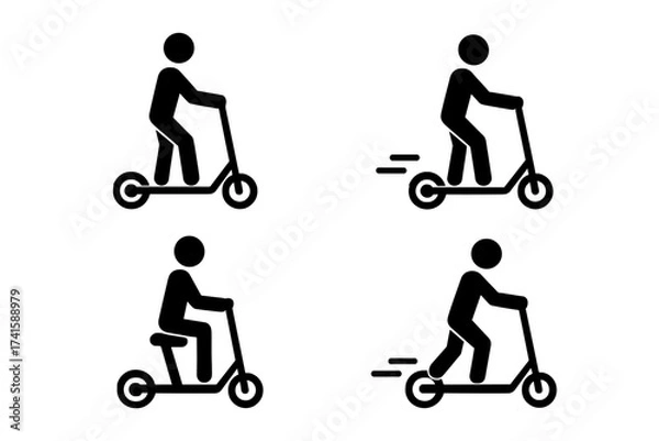 Fototapeta Man riding electric scooter icon set, e-scooter vector illustration with riding and motion effects, commuting and eco-friendly transport symbols, urban mobility concept