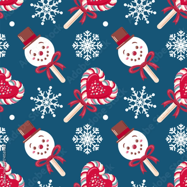 Fototapeta Seamless pattern featuring cheerful snowmen, candy canes, hearts, and snowflakes. A whimsical design that captures the joy of Christmas, perfect for holiday crafts, decorations, and festive products.
